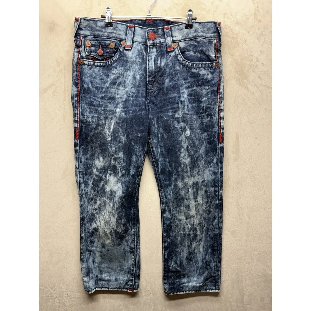True Religion Ricky Relaxed Straight Jean Men 33 Blue Denim Acid Wash Red Stitch